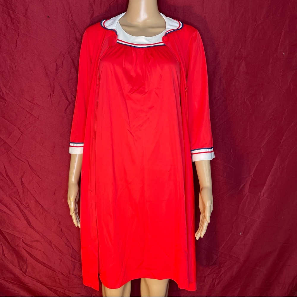 VTG 1950’s Lorraine Red White and Blue Sleep Dress/Robe 2 Piece Set Size Small